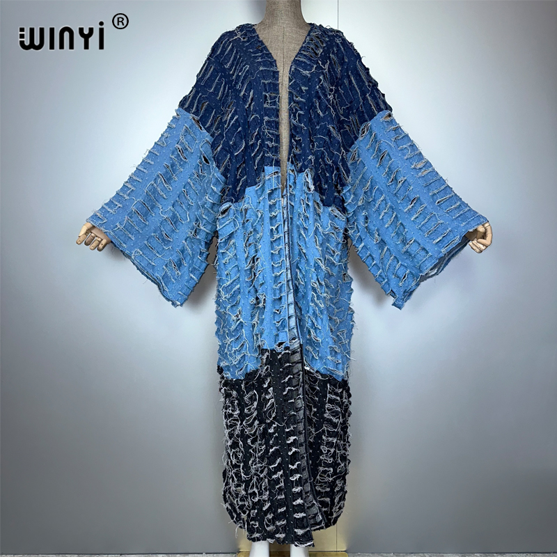 Cover Up Kaftan - WINYI Kimono Colour Matching Denim Cardigan