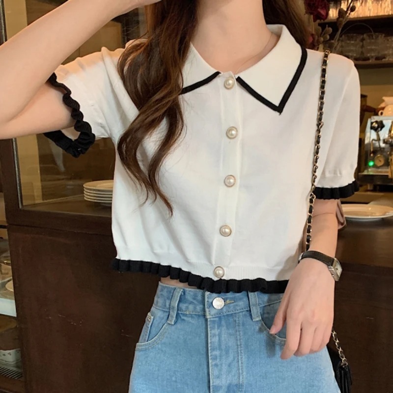 Women Shirt Knitted Short Slee - огляд і ціна Crop Top Crochet